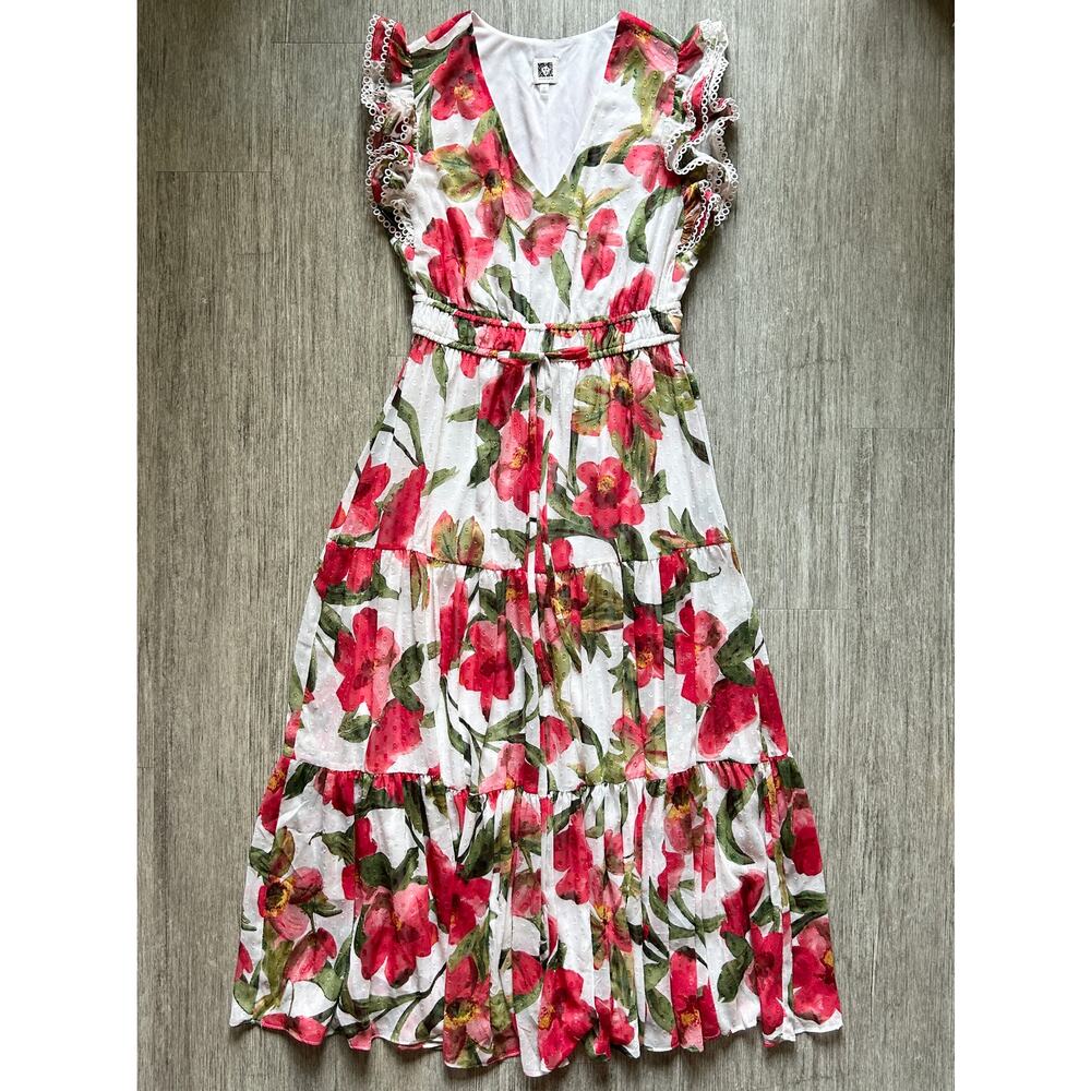 ✨ Anne Klein White/Red/Green Floral Flutter Sleeve Tiered Maxi Dress Size Medium
